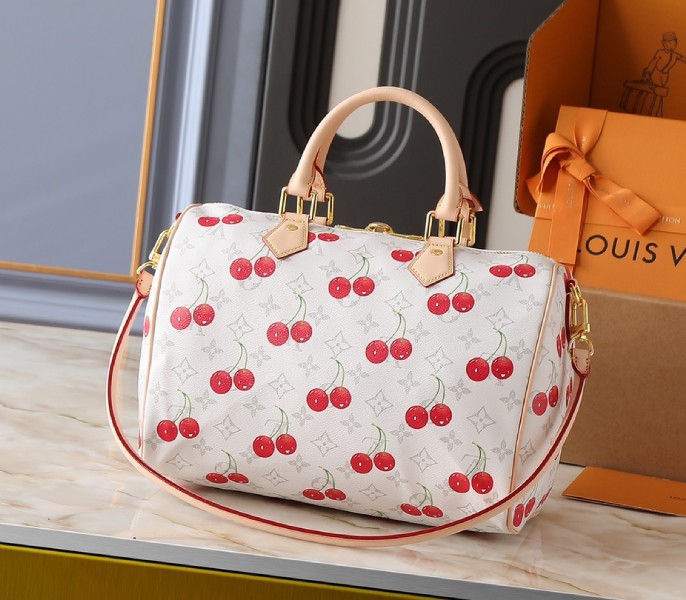 X TM Monogram Cherry Canvas Speedy Soft Bandouliere 30 In White