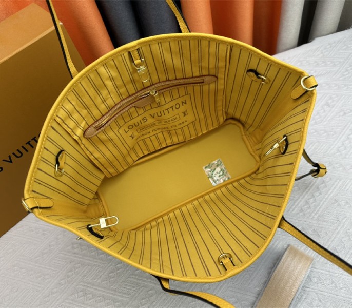 Louis Vuitton Neverfull Bandouliere Inside Out MM Tote In Monogram Canvas And Yellow Textile And Leather