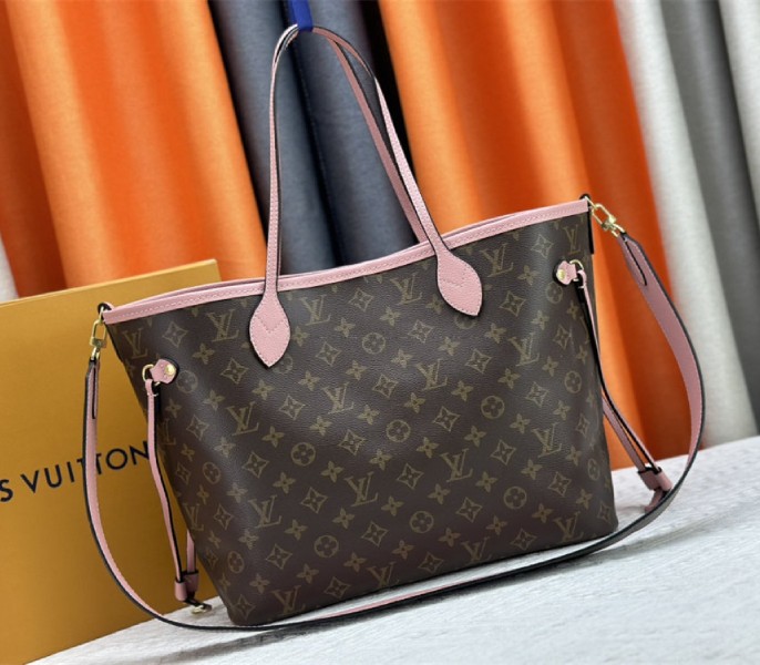 Louis Vuitton Neverfull Bandouliere Inside Out MM Tote In Monogram Canvas And Peony Pink Textile And Leather