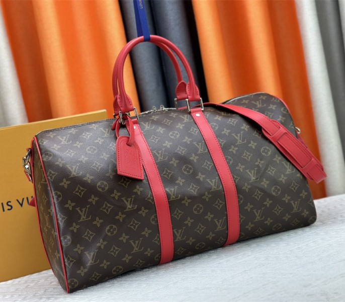 Louis Vuitton Monogram Macassar Canvas Keepall Bandouliere 50 In Sari Red