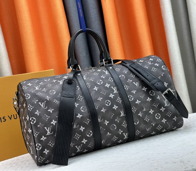 Louis Vuitton Brushed Monogram Leather Keepall Bandouliere 50 In Black