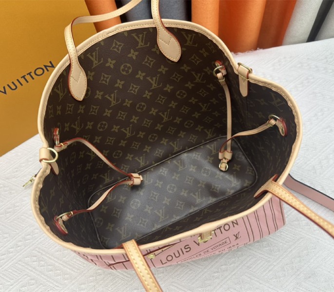 Louis Vuitton Neverfull Bandouliere Inside Out MM Tote In Monogram Canvas And Peony Pink Textile