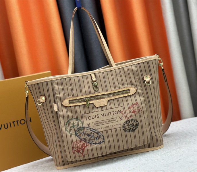 Louis Vuitton Neverfull Bandouliere Inside Out MM Tote In Monogram Canvas And Stamped Beige Textile