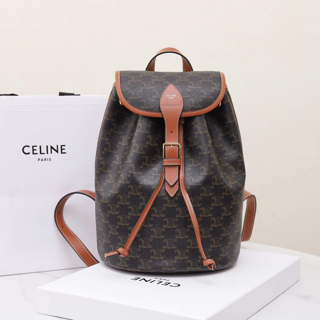 CELINE FOLCO Logo Print Calfskin Medium Backpack