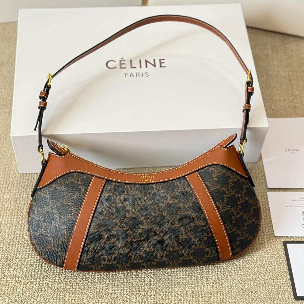CELINE STRIPED LOGO PRINTED COW LEATHER HOBO BAG