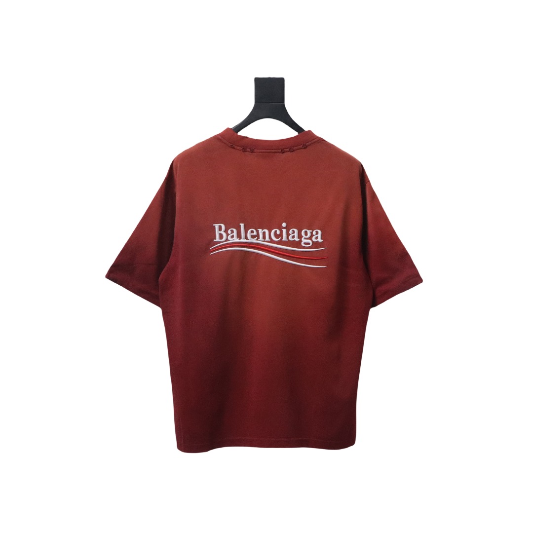 Balenciaga 25ss washed cola embroidery fried color hole short-sleeved T-shirt red
