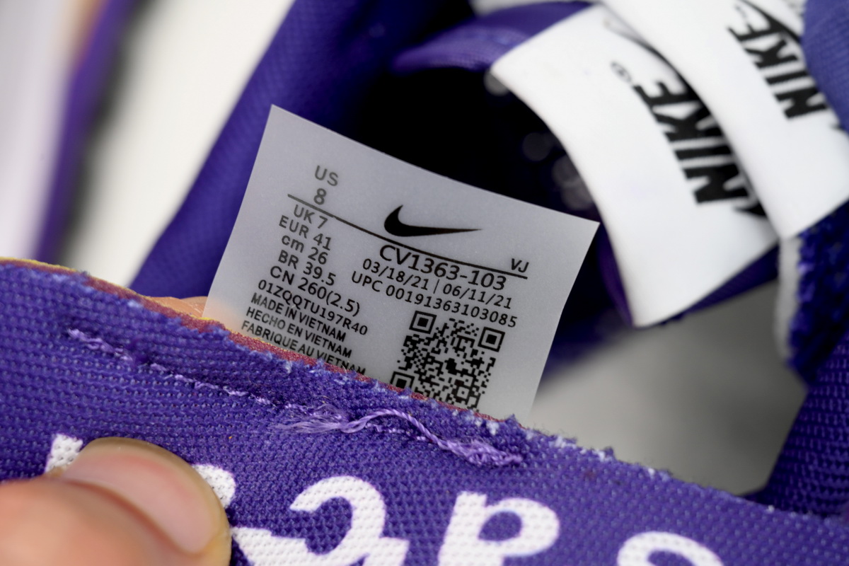 Sacai x Nike VaporWaffle Sesame Purple, White, and Yellow DV1363-103