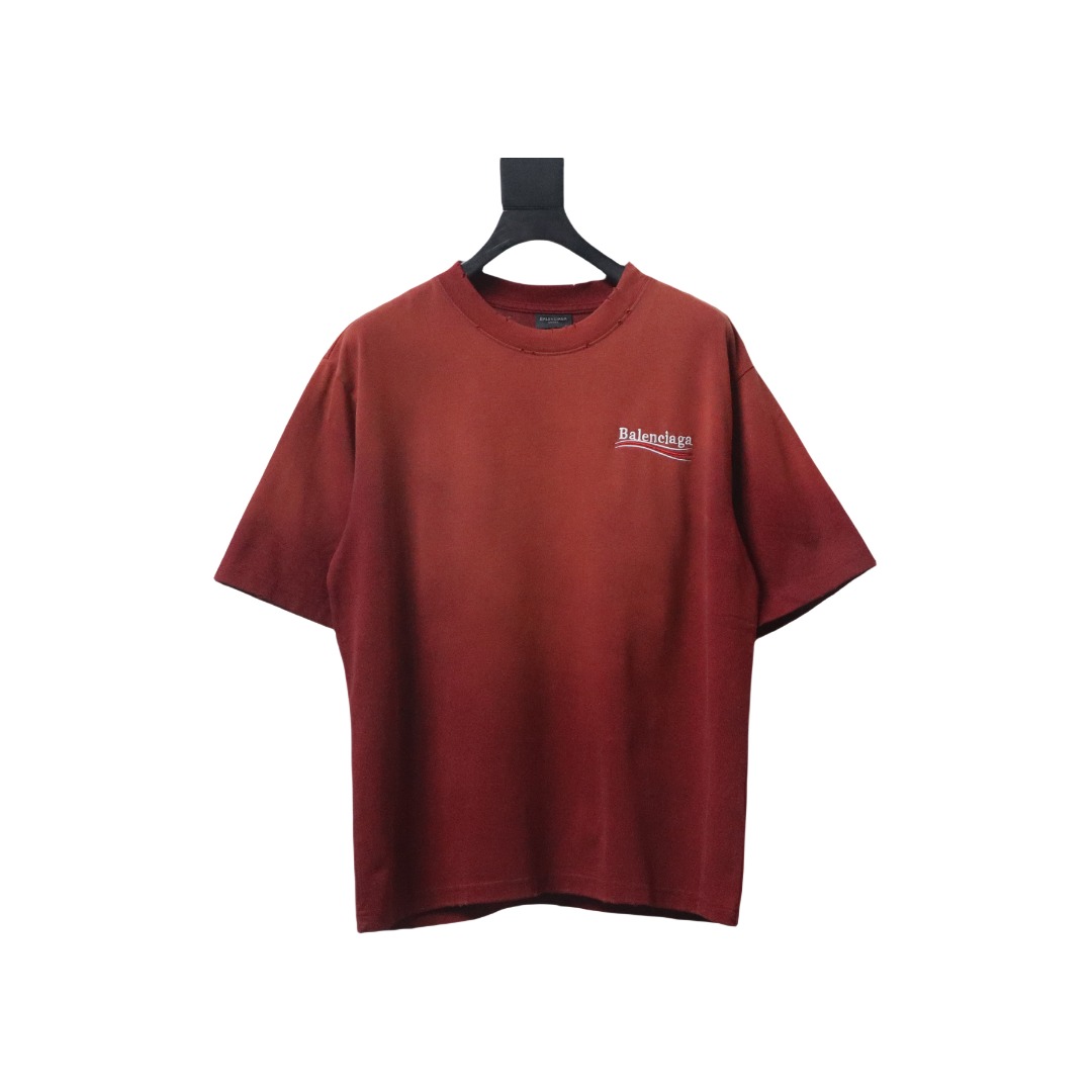 Balenciaga 25ss washed cola embroidery fried color hole short-sleeved T-shirt red