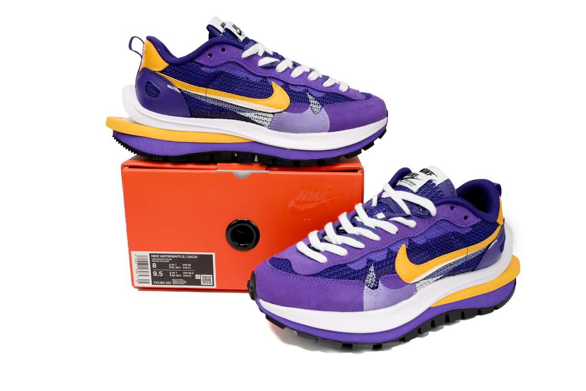 Sacai x Nike VaporWaffle Sesame Purple, White, and Yellow DV1363-103
