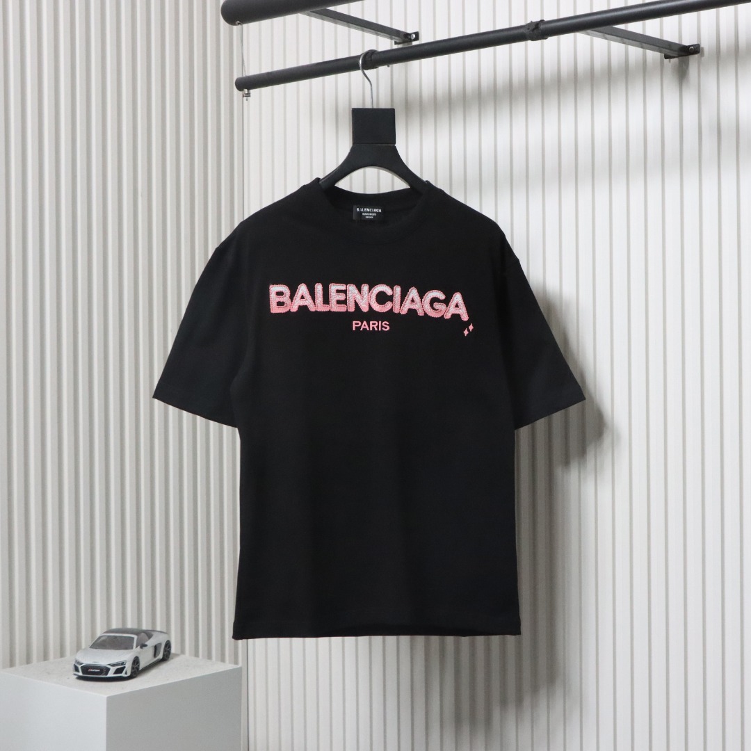 Balenciaga 25ss gradient letter embroidery short sleeve black