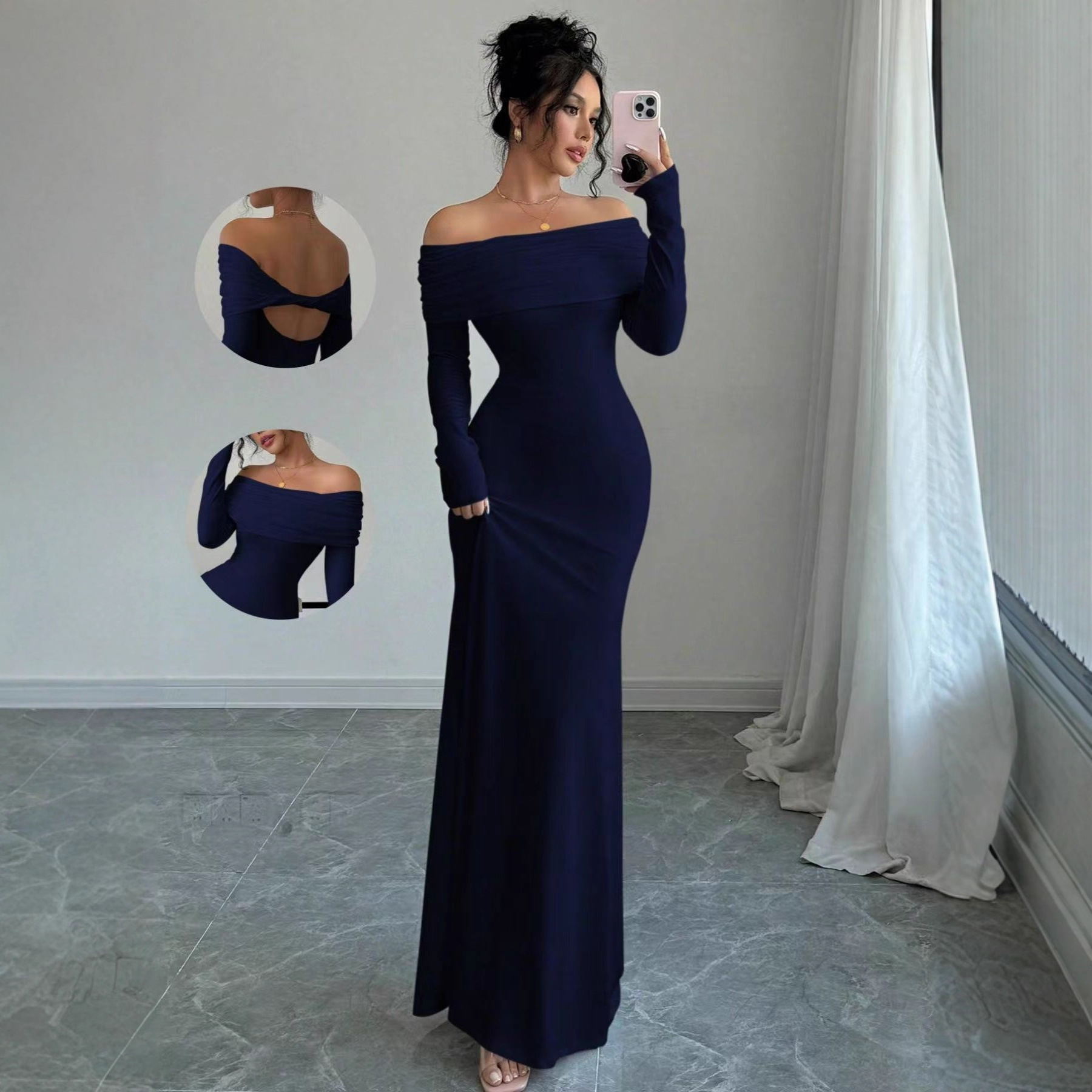 2025 New Cross-Border Off-Shoulder Slim Bodycon Dress for Women - Elegant Socialite Sexy Evening Gown