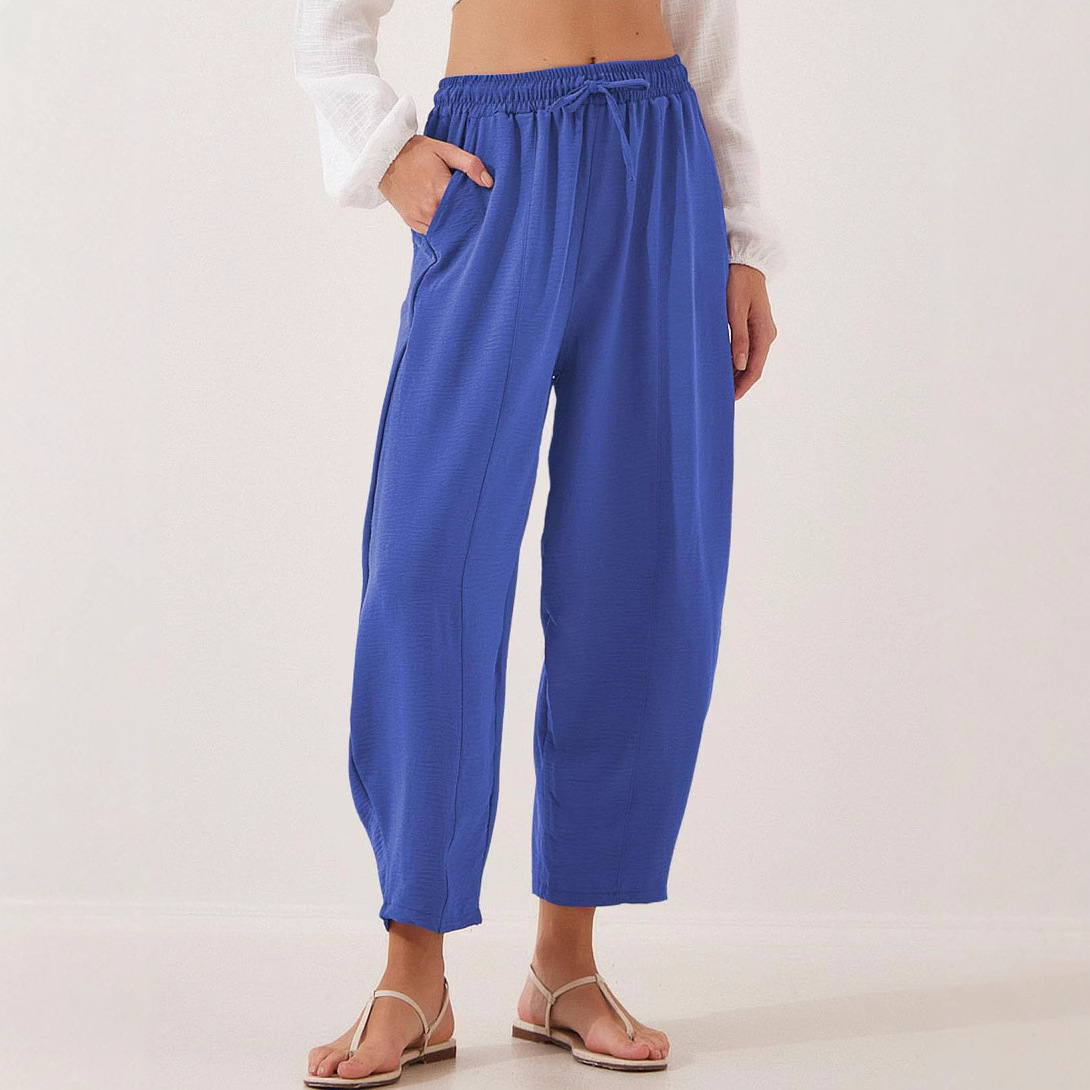 Women's High Waist Loose Casual Pants with Drawstring and Pockets Nine-Point Length Vacation Style Autumn Winter