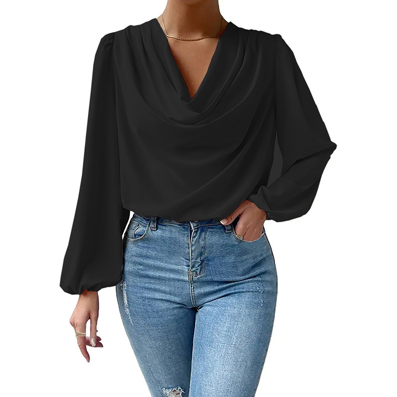 Women's Loose Fit Chiffon Top - European & American Style Draped V-Neck Long Sleeve Blouse