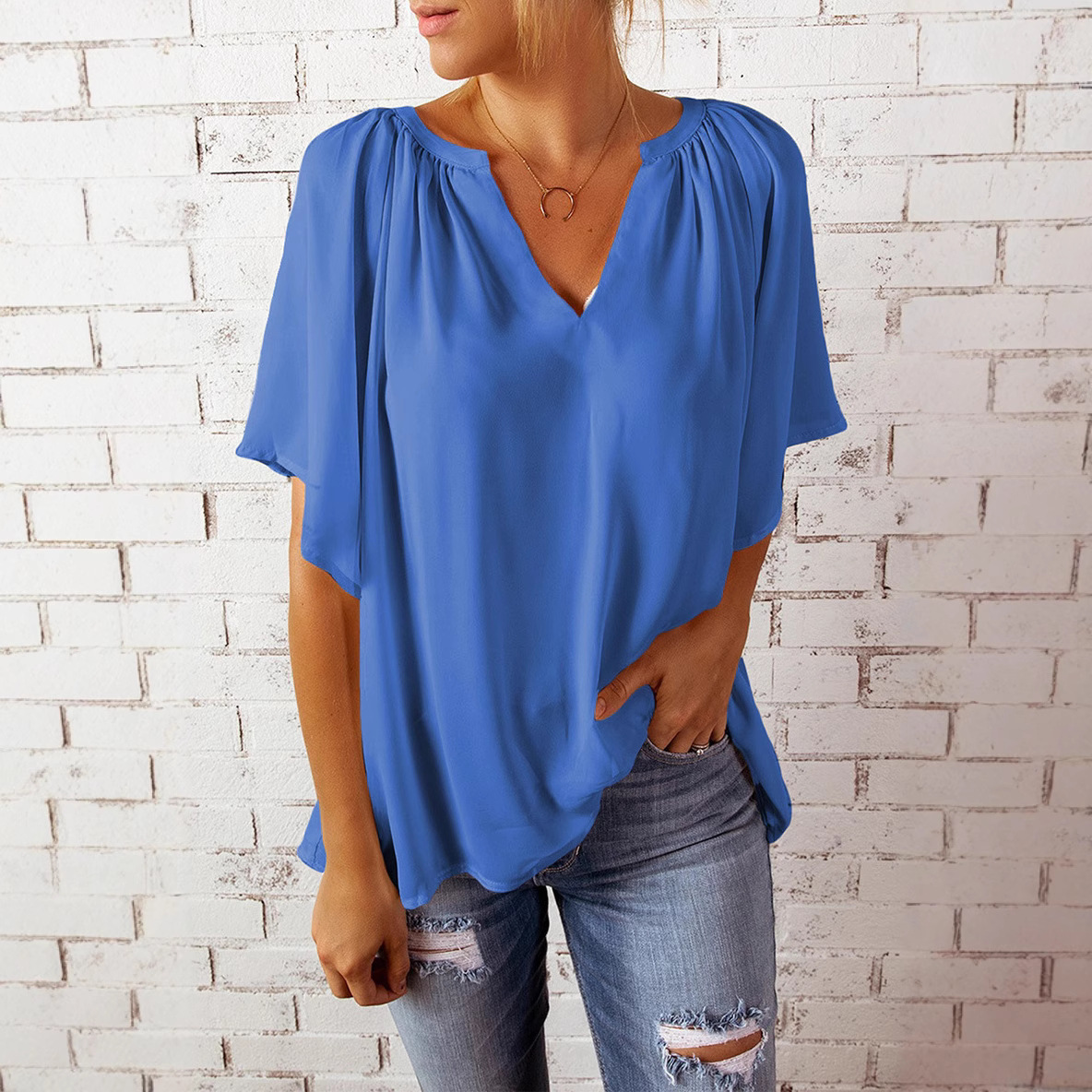 European and American Style Loose V-Neck Chiffon Blouse - Casual Solid Color Spliced Women's Top