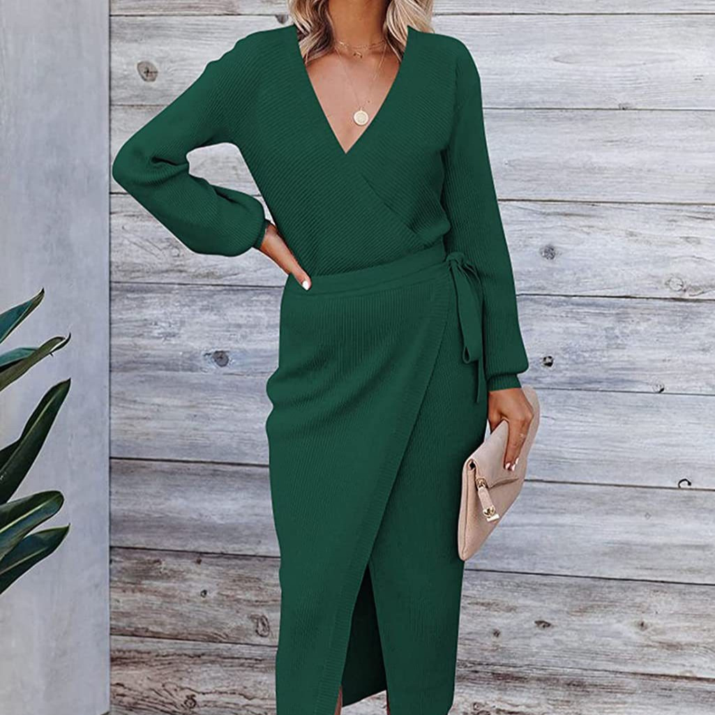 Elegant V-Neck Knitted Long Dress - European and American Style Winter Dress for Women