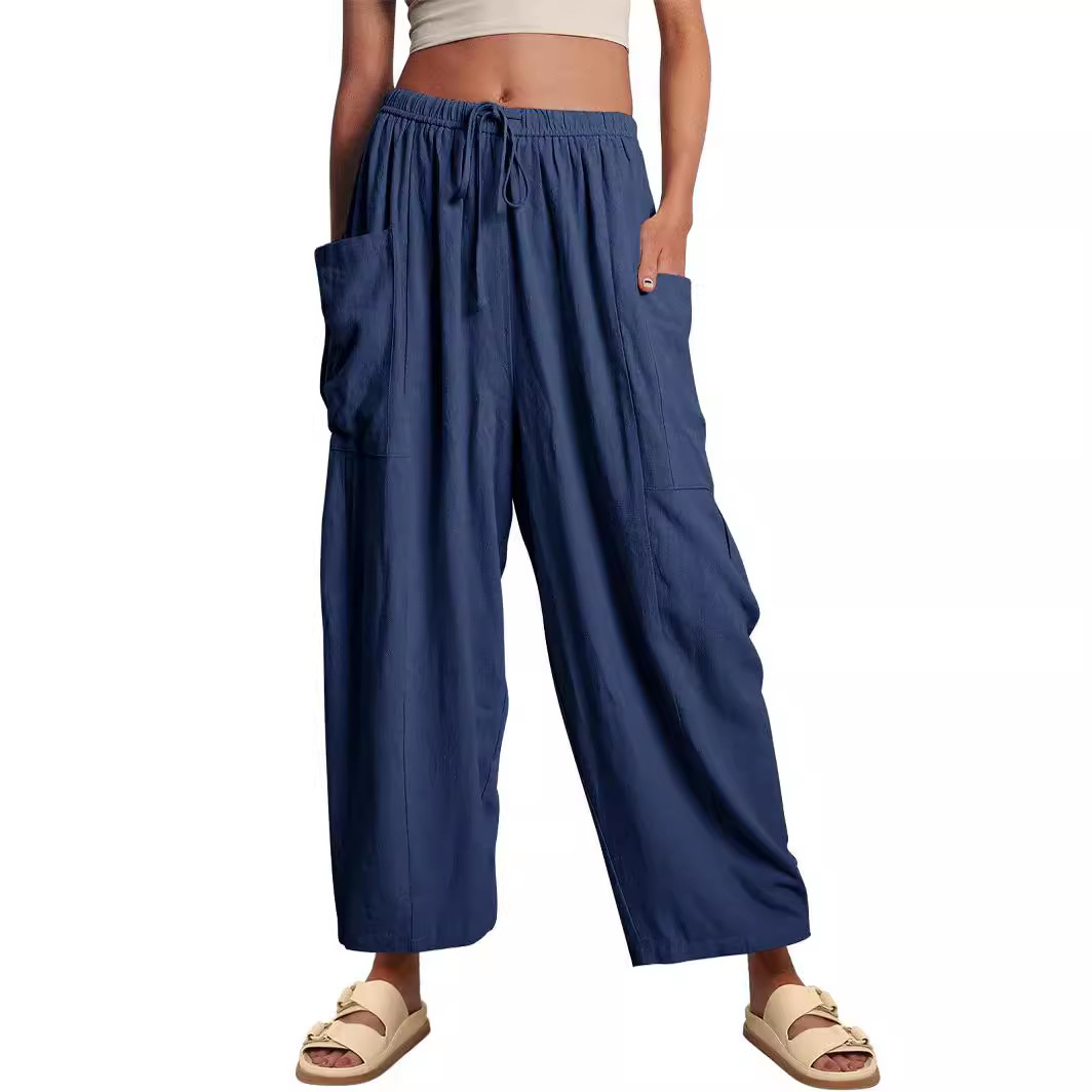 Women's Elastic Waist Pleated Wide Leg Pants High Waist Loose Casual Cotton Linen Long Pants