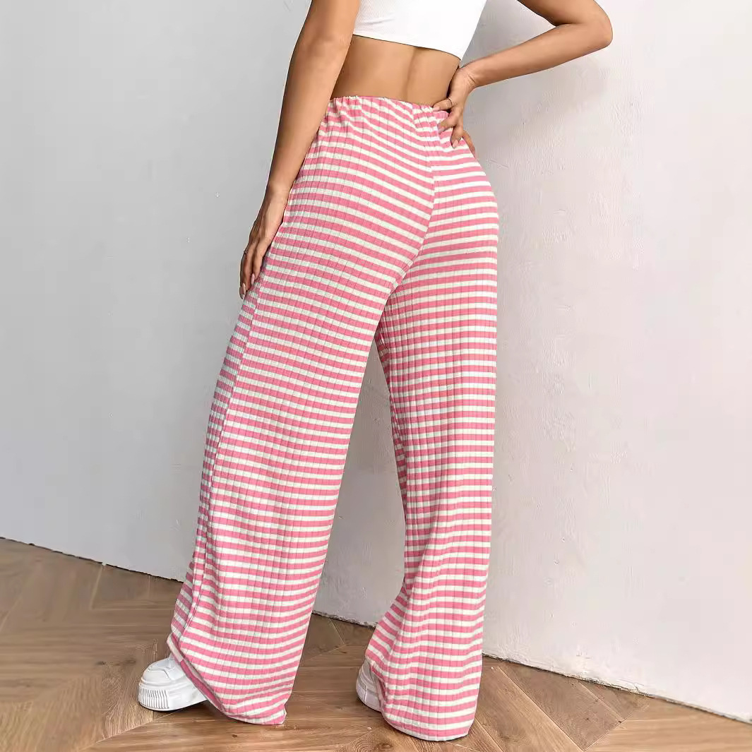2025 Autumn Winter  European and American Cross-Border Women's New Casual Striped Solid Color Elastic Drawstring Cotton Straight Pants
