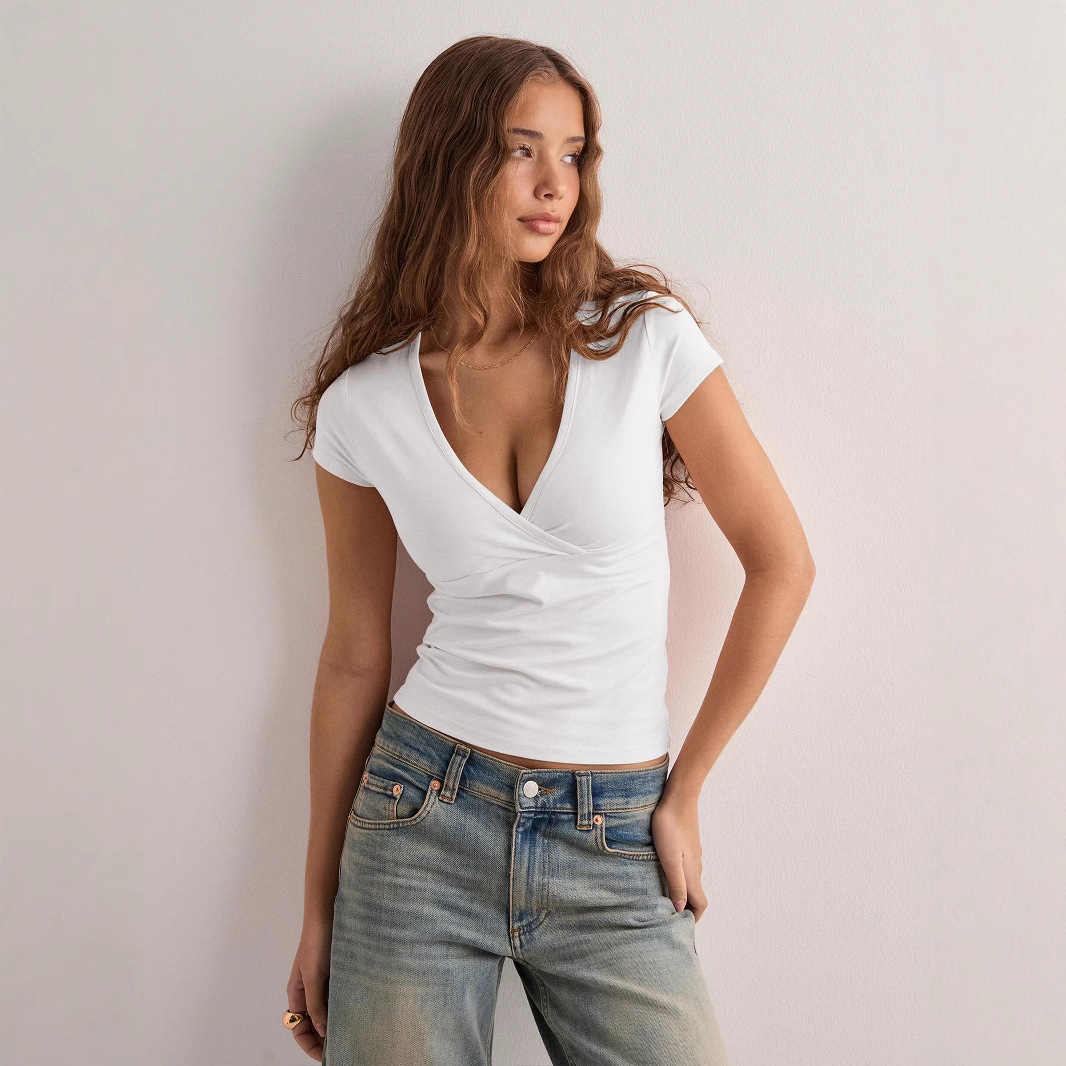 Solid Color Slim Fit V-Neck Short Sleeve T-Shirt for Women, Retro Inspired Casual Top