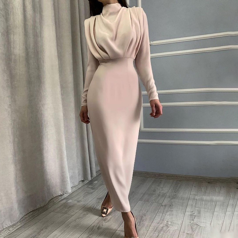 Elegant Waist-Cinching Solid Color Long Sleeve Dress for Women - Autumn Winter Fashion