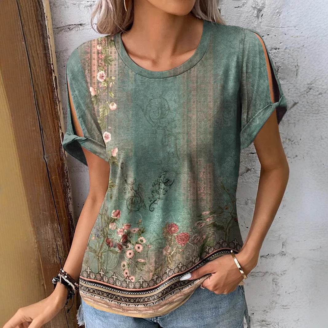 Bohemian Floral Print Short Sleeve T-Shirt for Women, Loose Fit Ethnic Style Top, Soft Polyester Blend Casual Tee