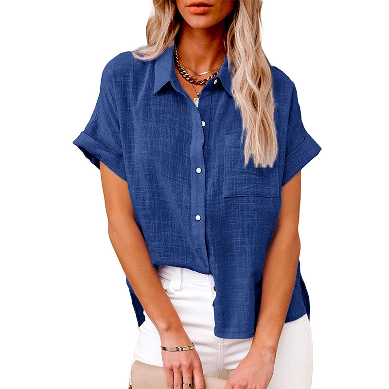 2025 European and American Spring Summer Women's Short Sleeve Shirt - Cotton Linen Blend Pocket T-Shirt