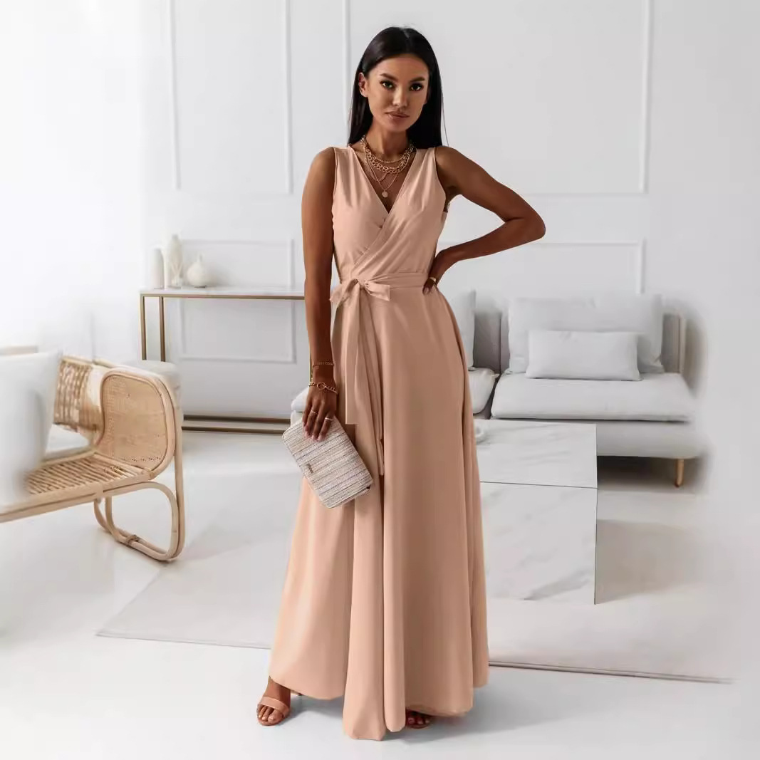 Elegant Women's Evening Long Dress with Lace-Up V-Neck for Special Occasions - European and American Style