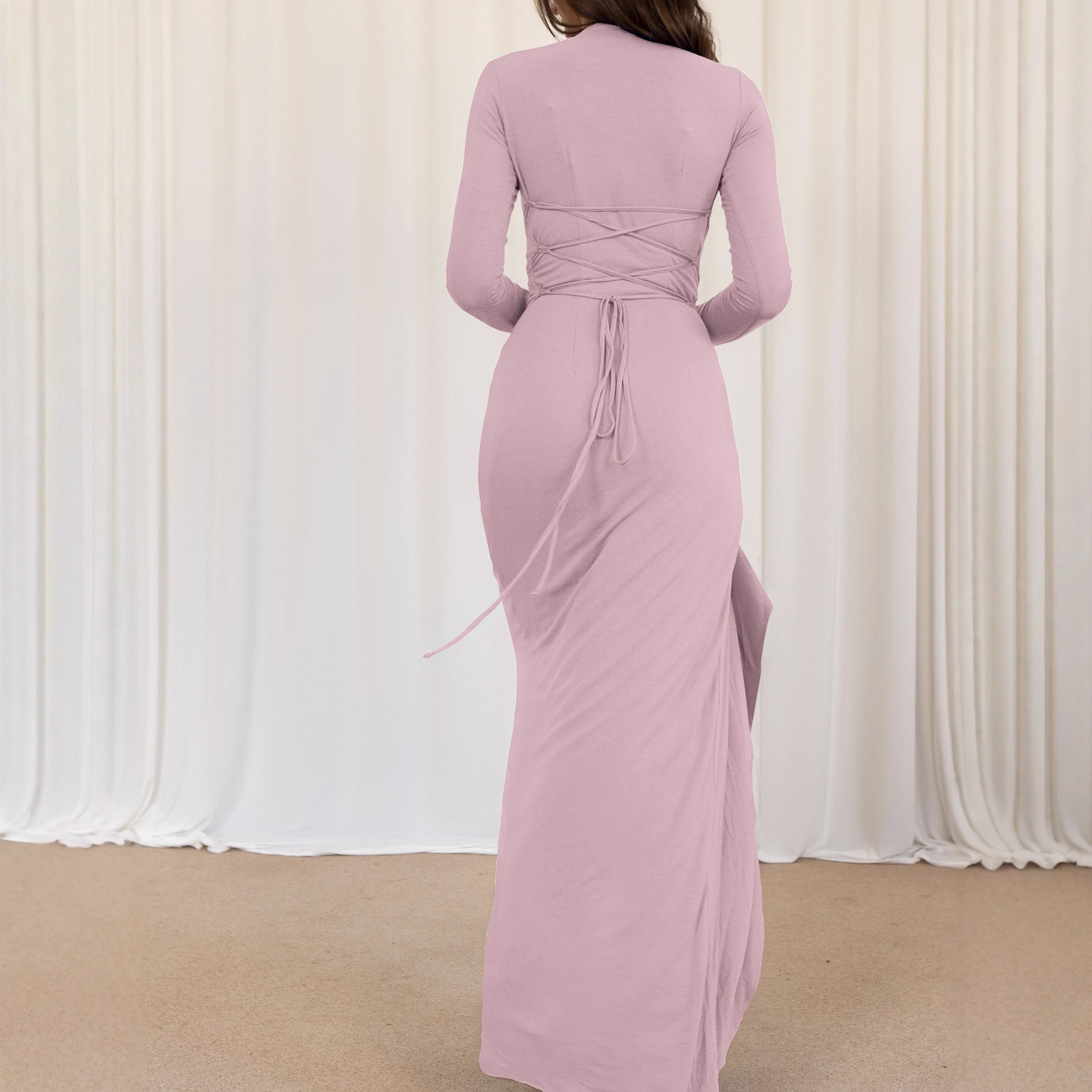 Solid Color Round Neck Slim Dress with Irregular Slit - Fashion Forward Cross-Border Design