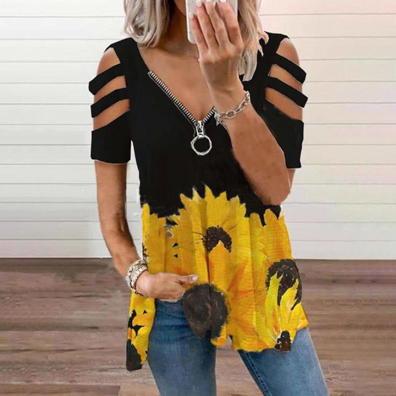 Women's Loose Fit V-Neck Short Sleeve T-Shirt with Decorative Zipper and Floral Print - Cotton Blend Streetwear Top in Multiple Colors