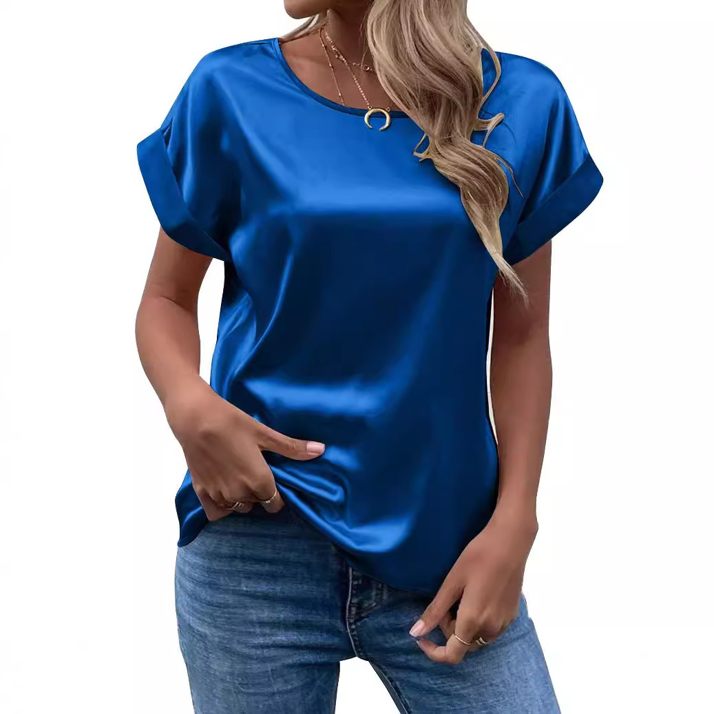 Women's Elegant Satin Round Neck Short Sleeve T-Shirt | Non-Iron Straight Cut Pullover Top | Solid Color OL Blouse