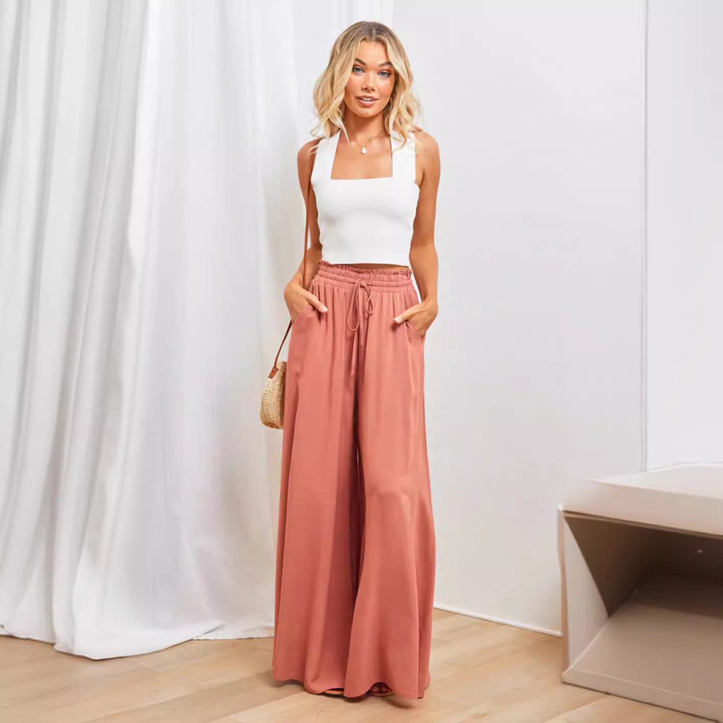 Women's Wide-Leg Long Pants with Suspenders Casual Loose Fit Trousers