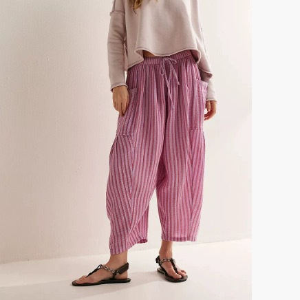 Women's Striped Straight-Leg Pants Elastic Waist Nine-Point Pleated Trousers Breathable Casual Pants