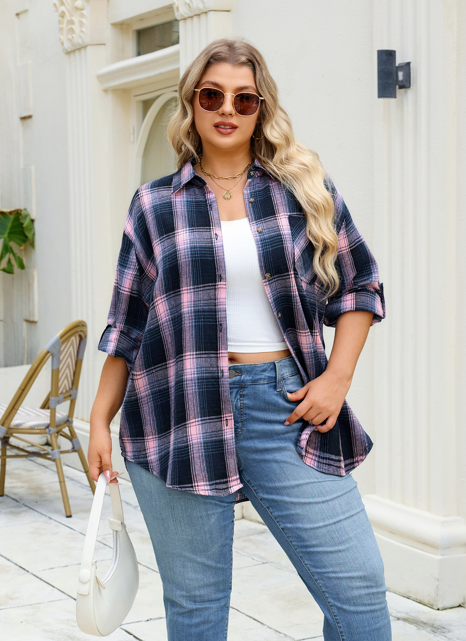 Womens Plus Size Flannel Shirts Long Sleeve Button Down Plaid Shirt Roll Up Oversize Checkered Blouse Top Fall A-01 Pink Flannel Plaid Shirt - splensive