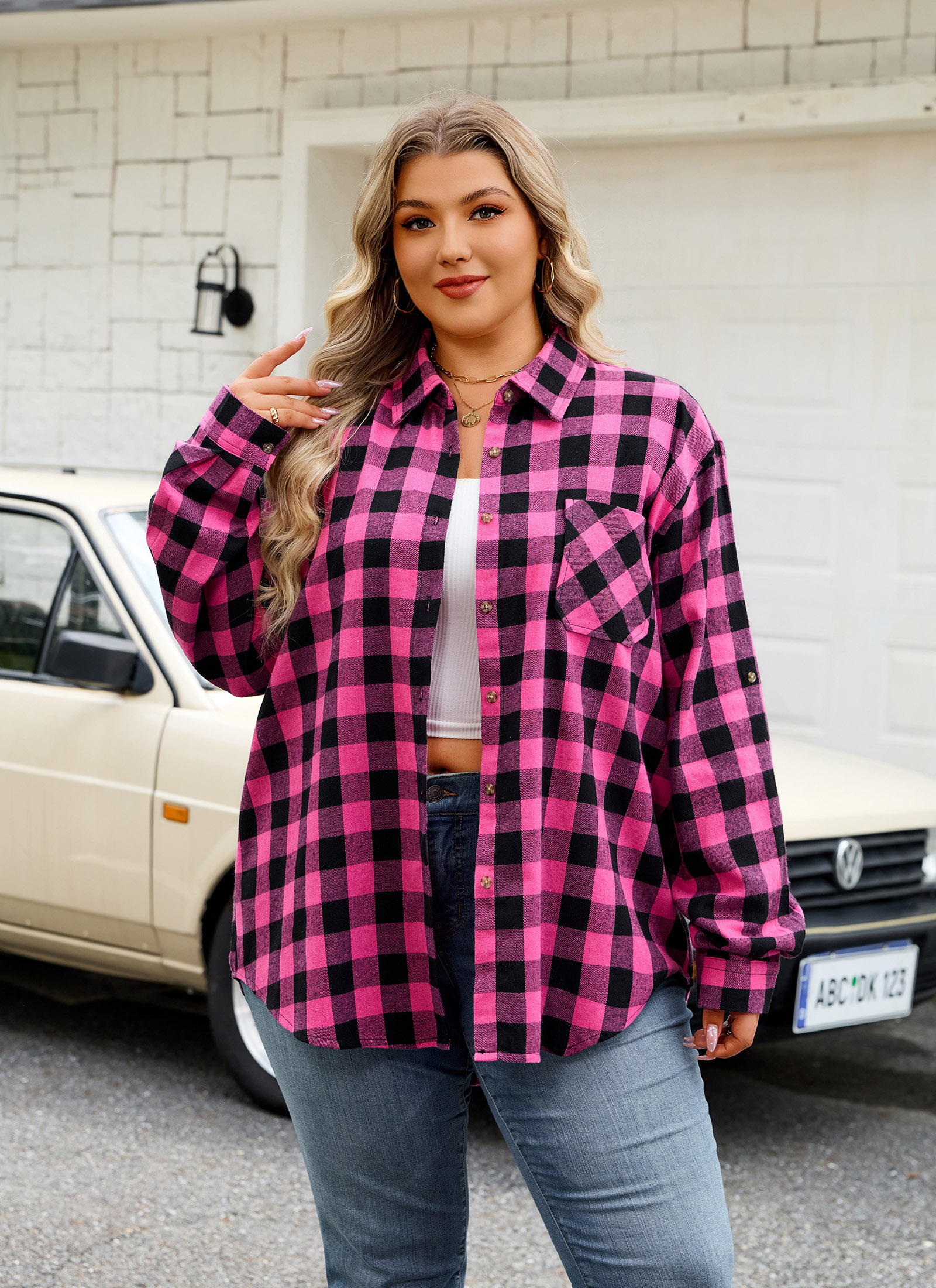 Womens Plus Size Flannel Shirts Long Sleeve Button Down Plaid Shirt Roll Up Oversize Checkered Blouse Top Fall A-03 Hot Pink Flannel Plaid Shirt - splensive