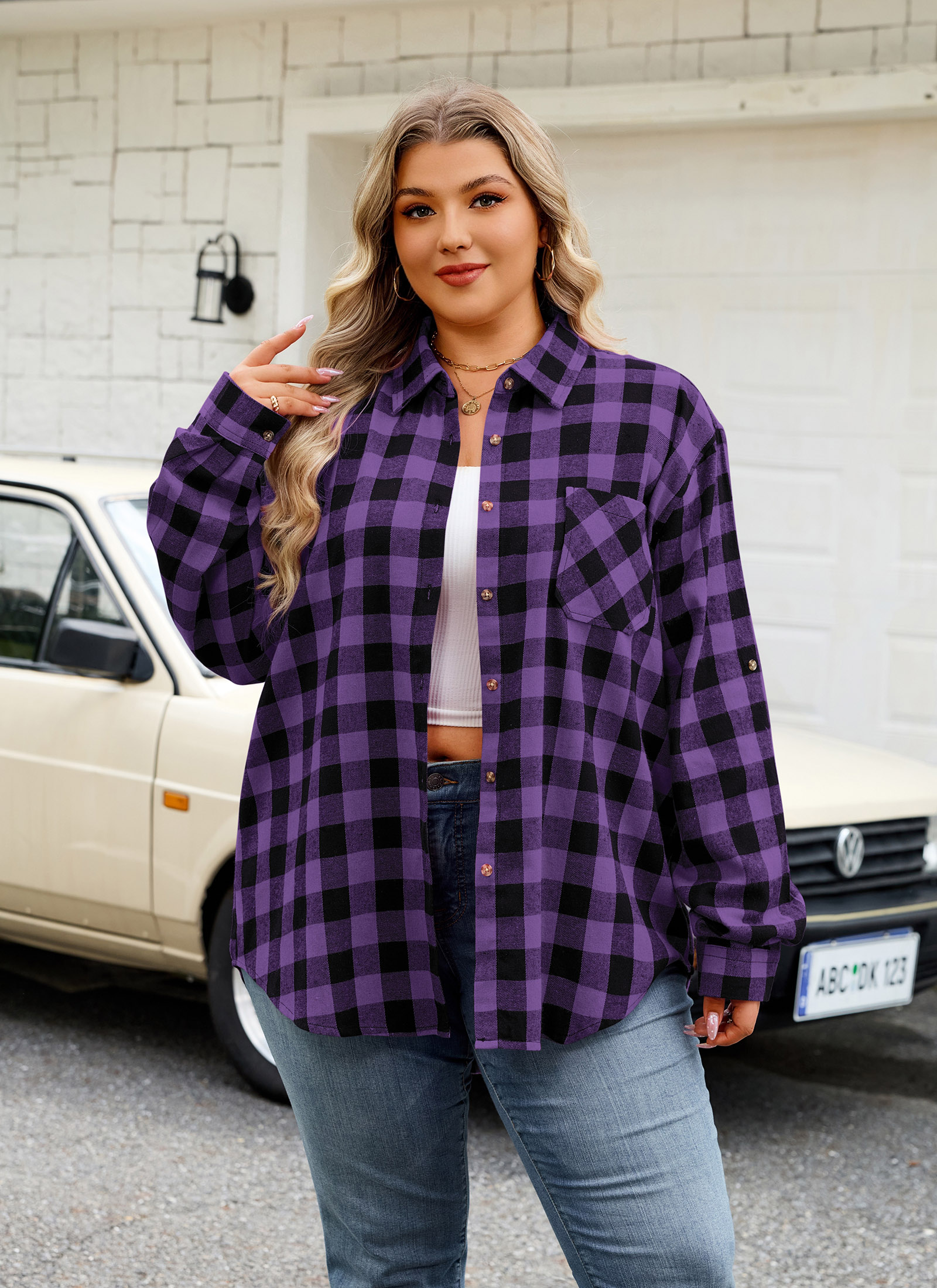Womens Plus Size Flannel Shirts Long Sleeve Button Down Plaid Shirt Roll Up Oversize Checkered Blouse Top Fall C-01 Purple Flannel Shirt - splensive