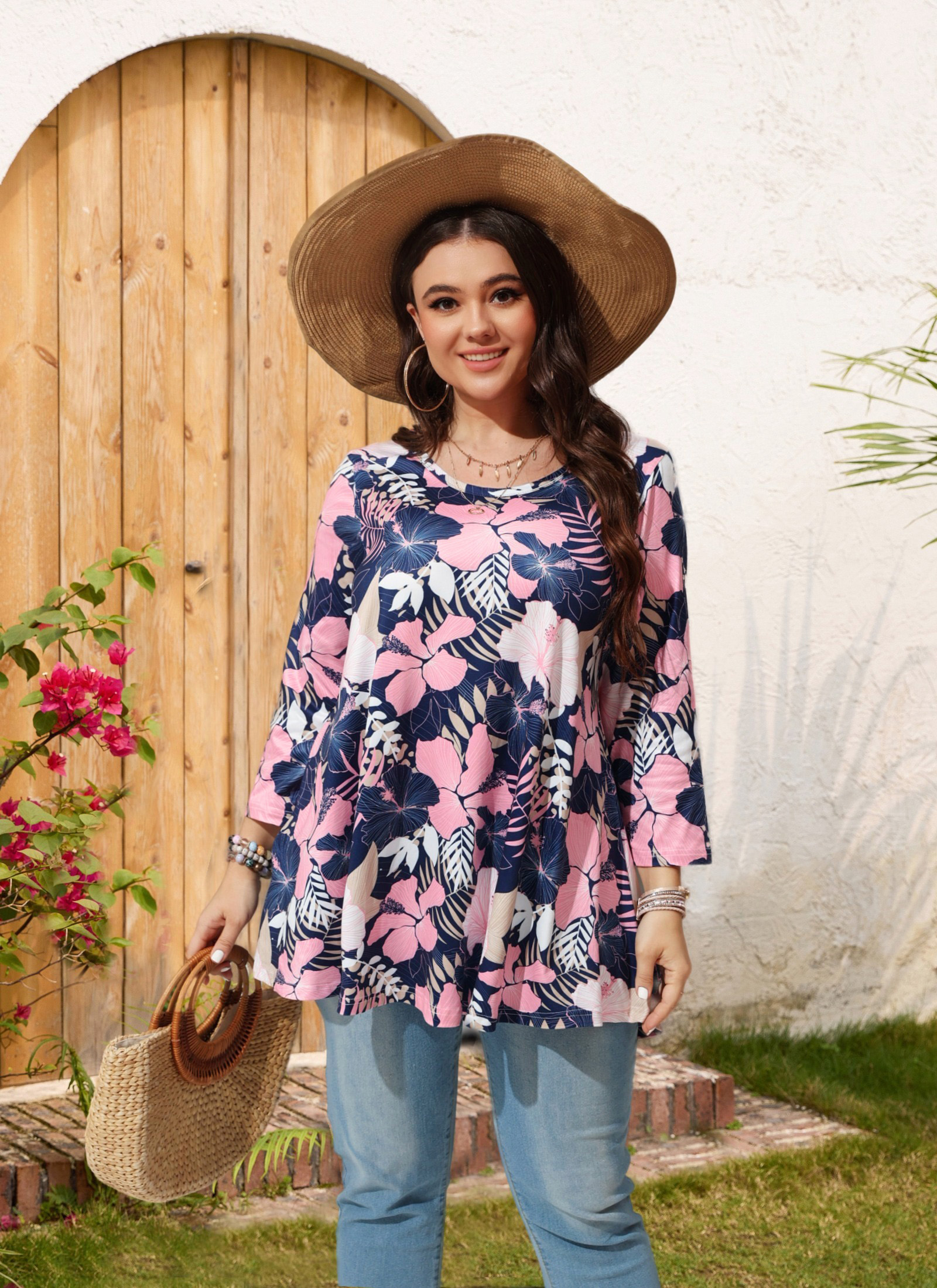 Womens Tunic Tops 3/4 Sleeve Plus Size Crew Neck Swing Flare Loose Fit T-Shirt Blouses to Wear with Leggings - splensive