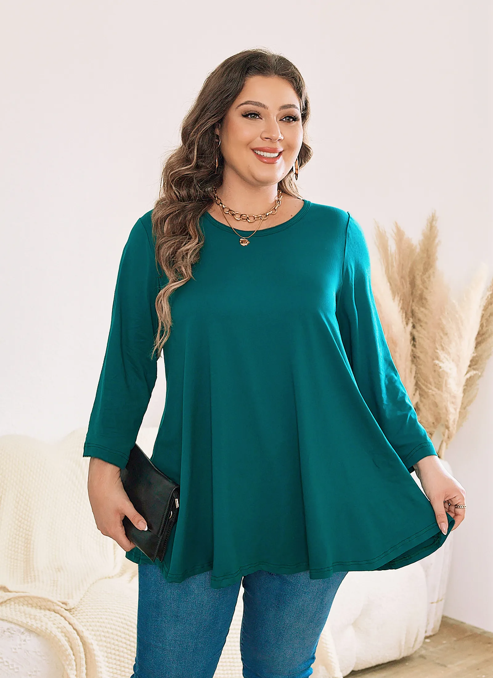 Womens Tunic Tops 3/4 Sleeve Plus Size Crew Neck Swing Flare Loose Fit T-Shirt Blouses to Wear with Leggings - splensive
