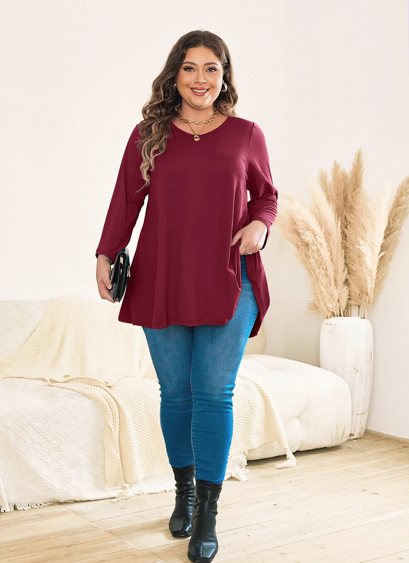 Womens Tunic Tops 3/4 Sleeve Plus Size Crew Neck Swing Flare Loose Fit T-Shirt Blouses to Wear with Leggings - splensive