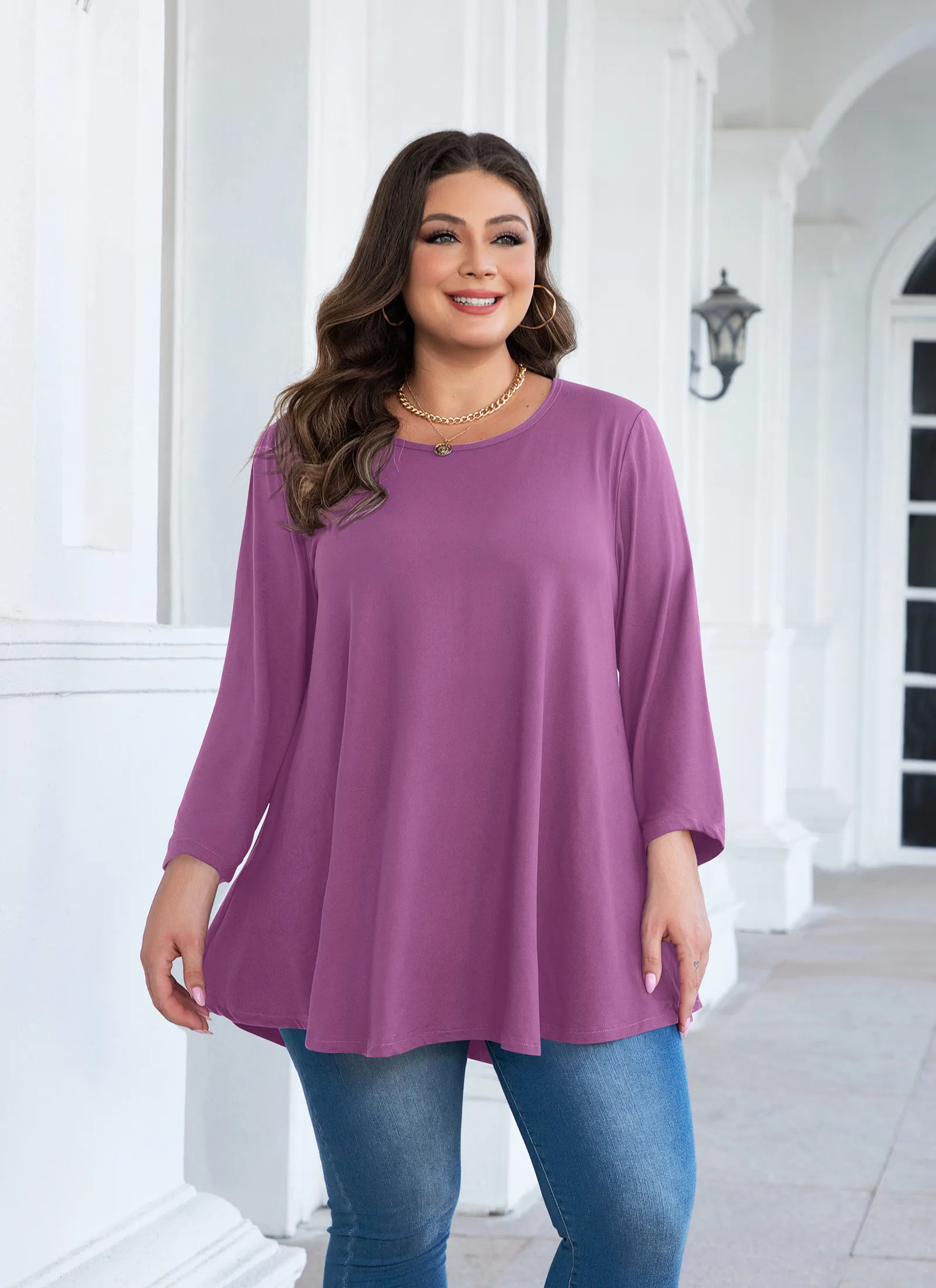 Tunic Tops for Women Plus Size 3/4 Sleeve Crew Neck Swing Flare Loose T-Shirt Blouses to Wear with Leggings - splensive