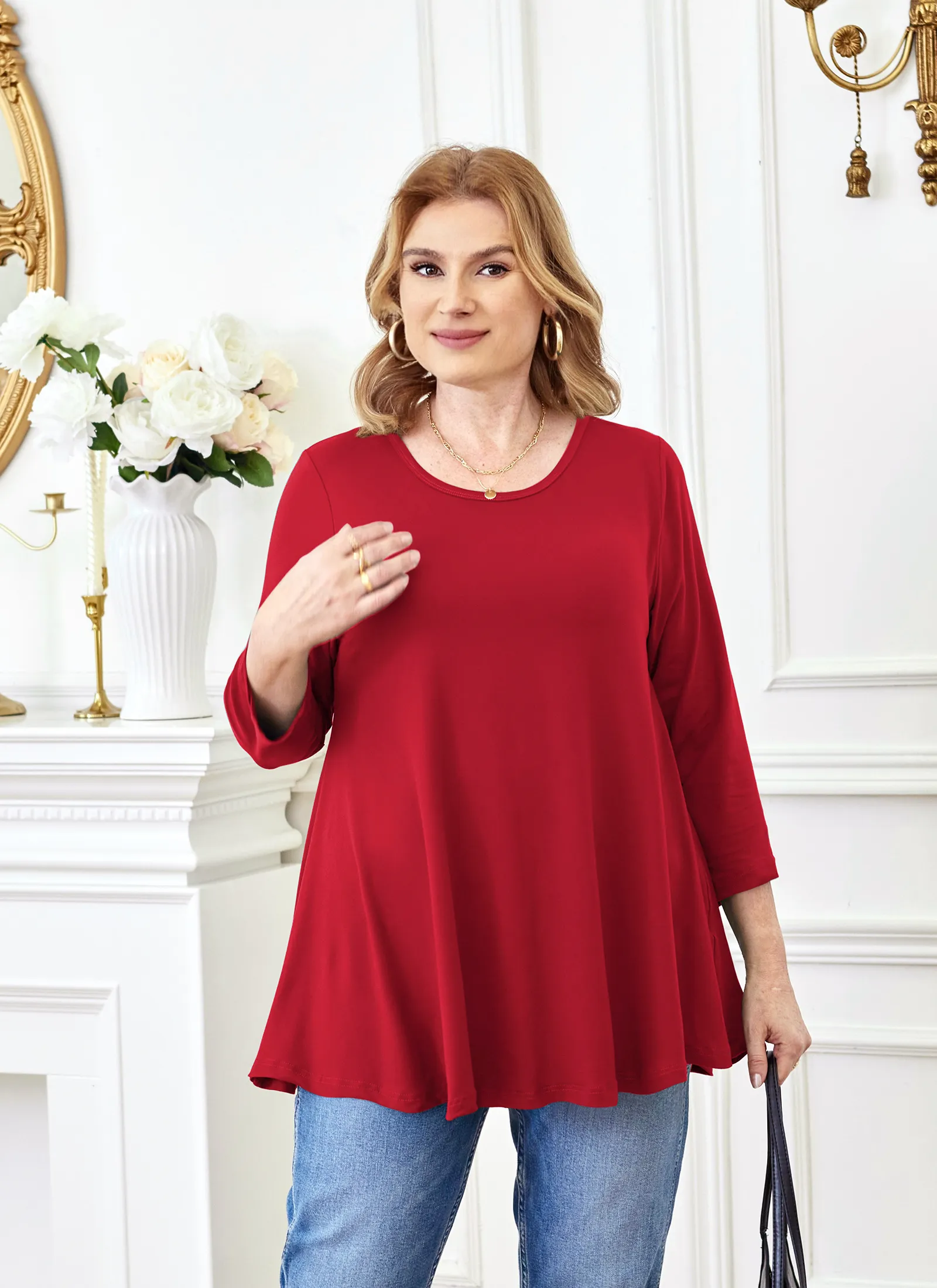 Tunic Tops for Women Plus Size 3/4 Sleeve Crew Neck Swing Flare Loose T-Shirt Blouses to Wear with Leggings - splensive