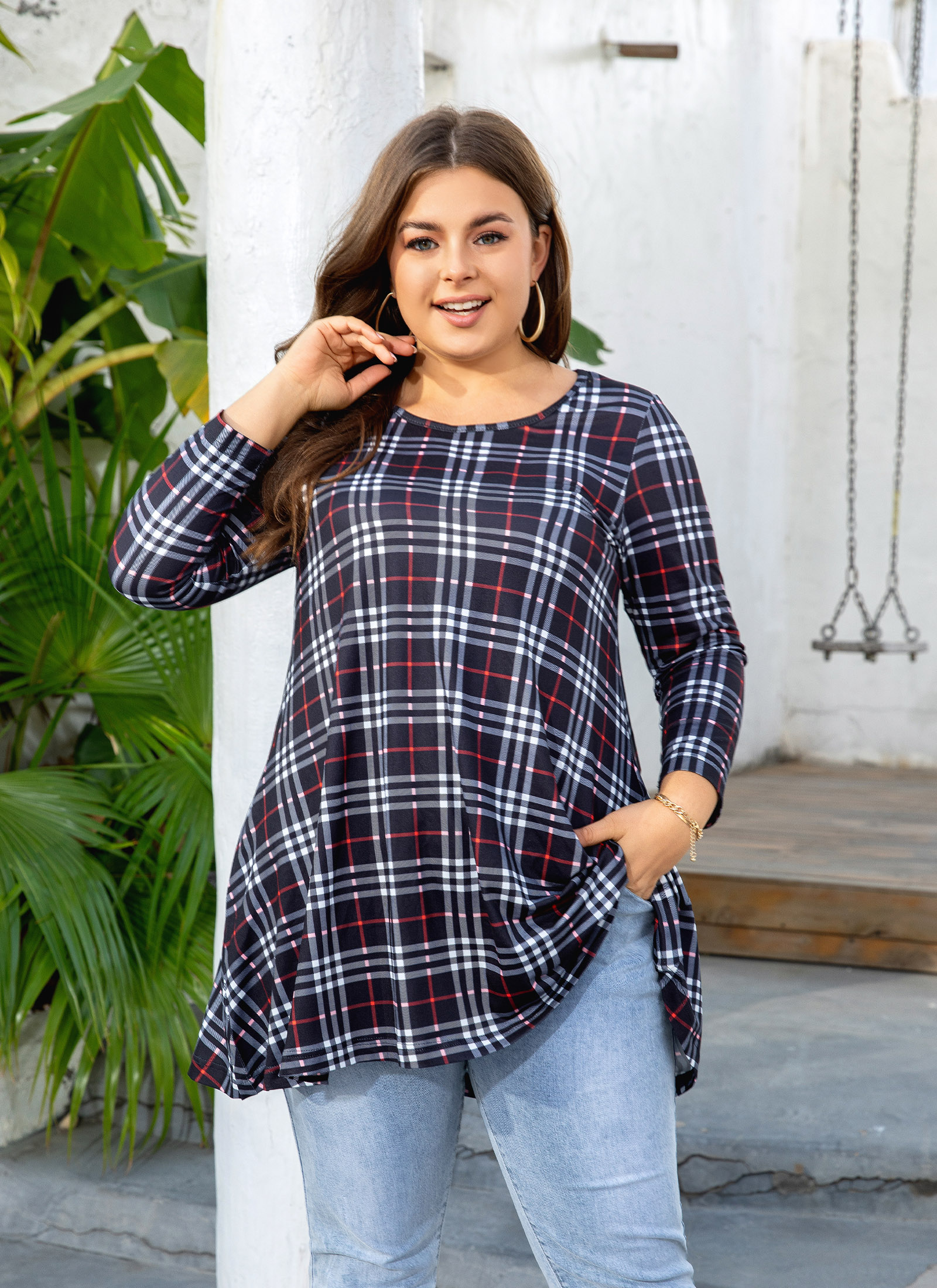 Womens Tunic Tops 3/4 Sleeve Plus Size Crew Neck Swing Flare Loose Fit T-Shirt Blouses to Wear with Leggings - splensive