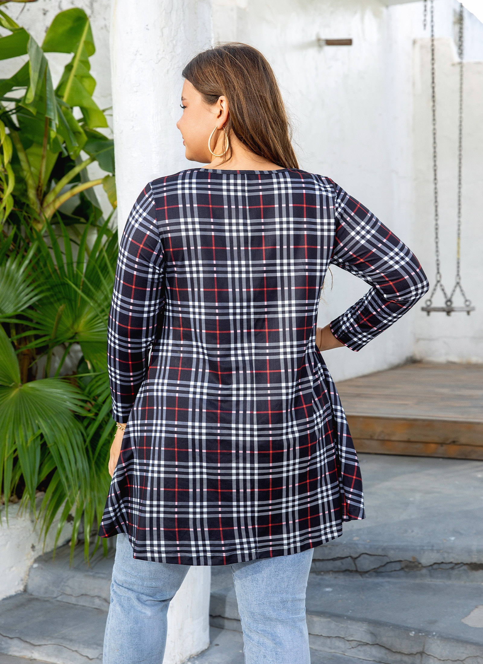 Womens Tunic Tops 3/4 Sleeve Plus Size Crew Neck Swing Flare Loose Fit T-Shirt Blouses to Wear with Leggings - splensive