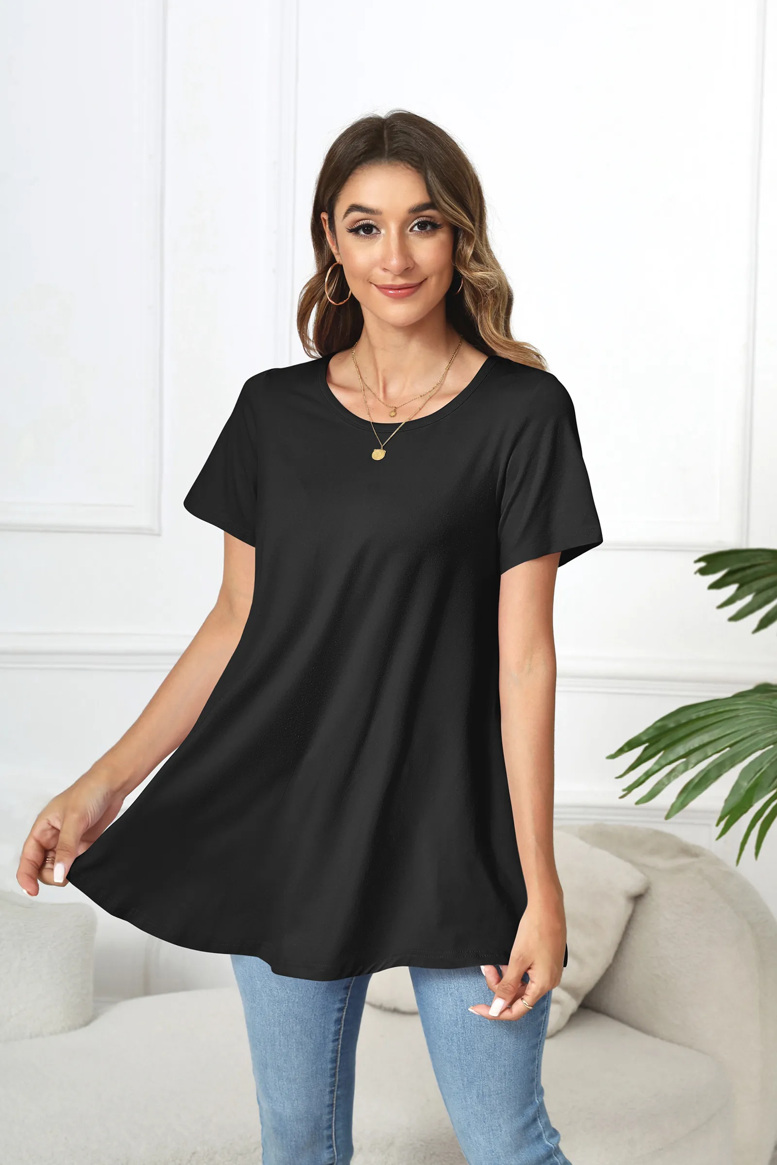Tunic Tops for Women Plus Size Short Sleeve Crew Neck Swing Flare Loose T-Shirt Blouses to Wear with Leggings - splensive
