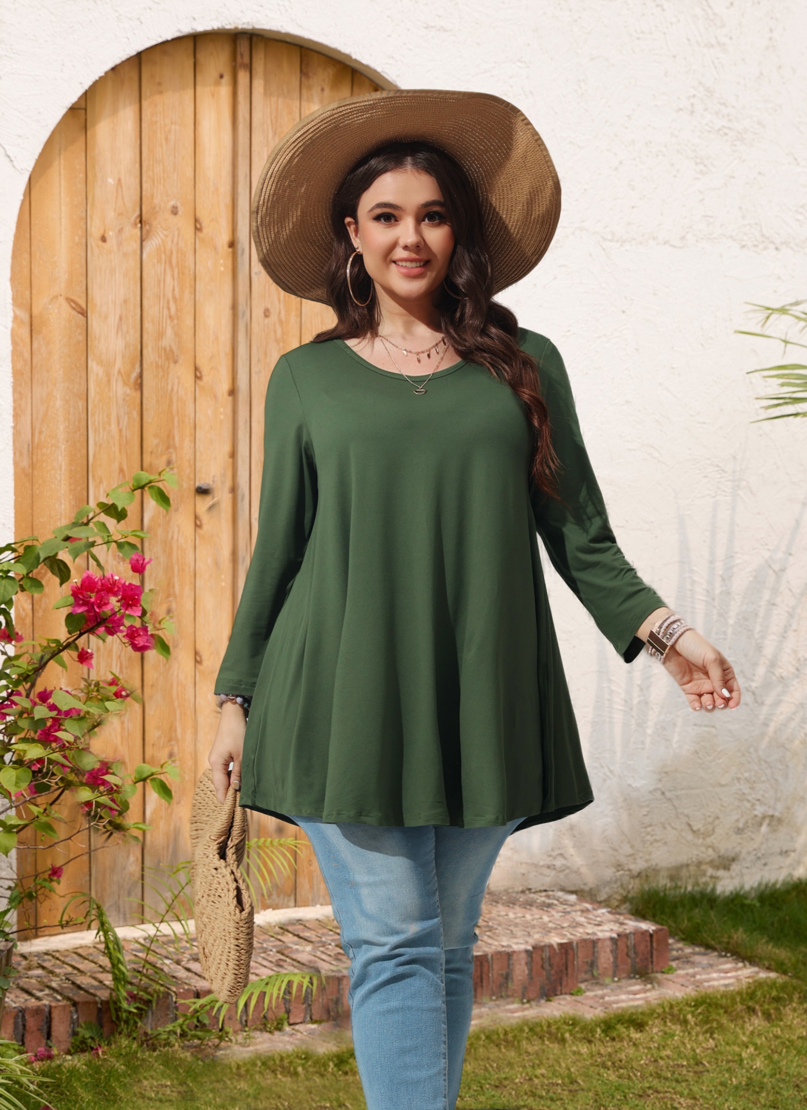 Womens Tunic Tops 3/4 Sleeve Plus Size Crew Neck Swing Flare Loose Fit T-Shirt Blouses to Wear with Leggings - splensive