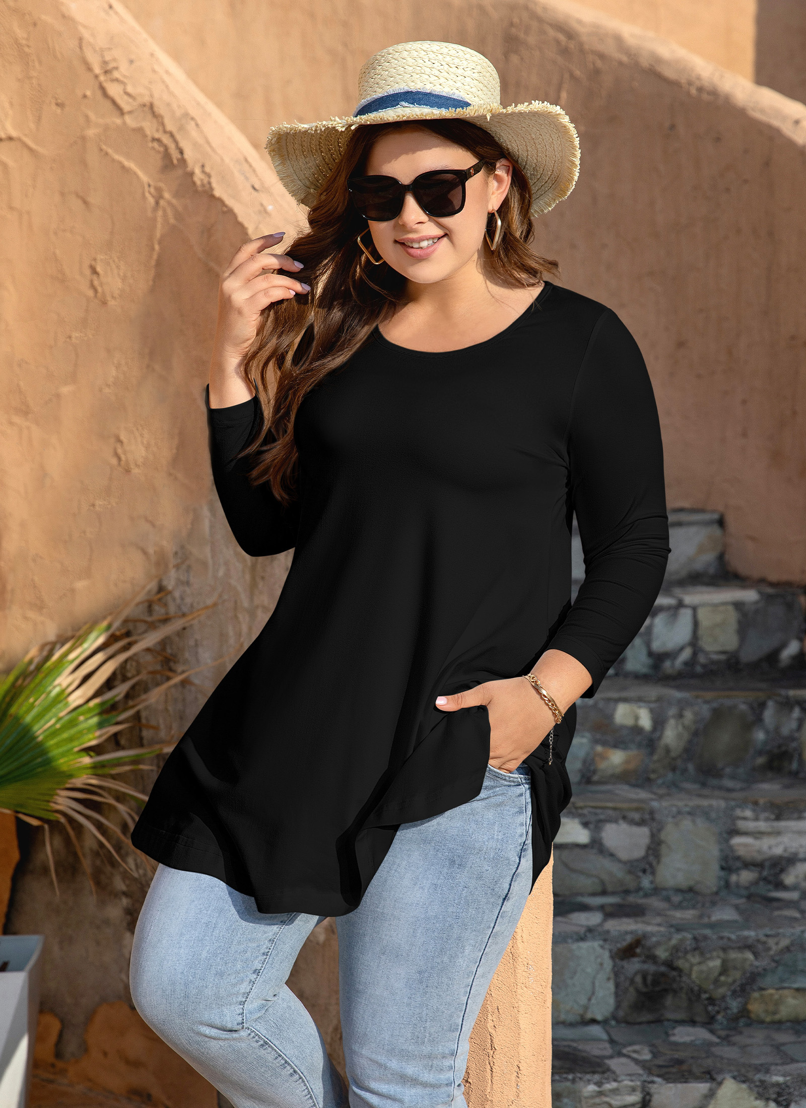 Womens Tunic Tops 3/4 Sleeve Plus Size Crew Neck Swing Flare Loose Fit T-Shirt Blouses to Wear with Leggings - splensive