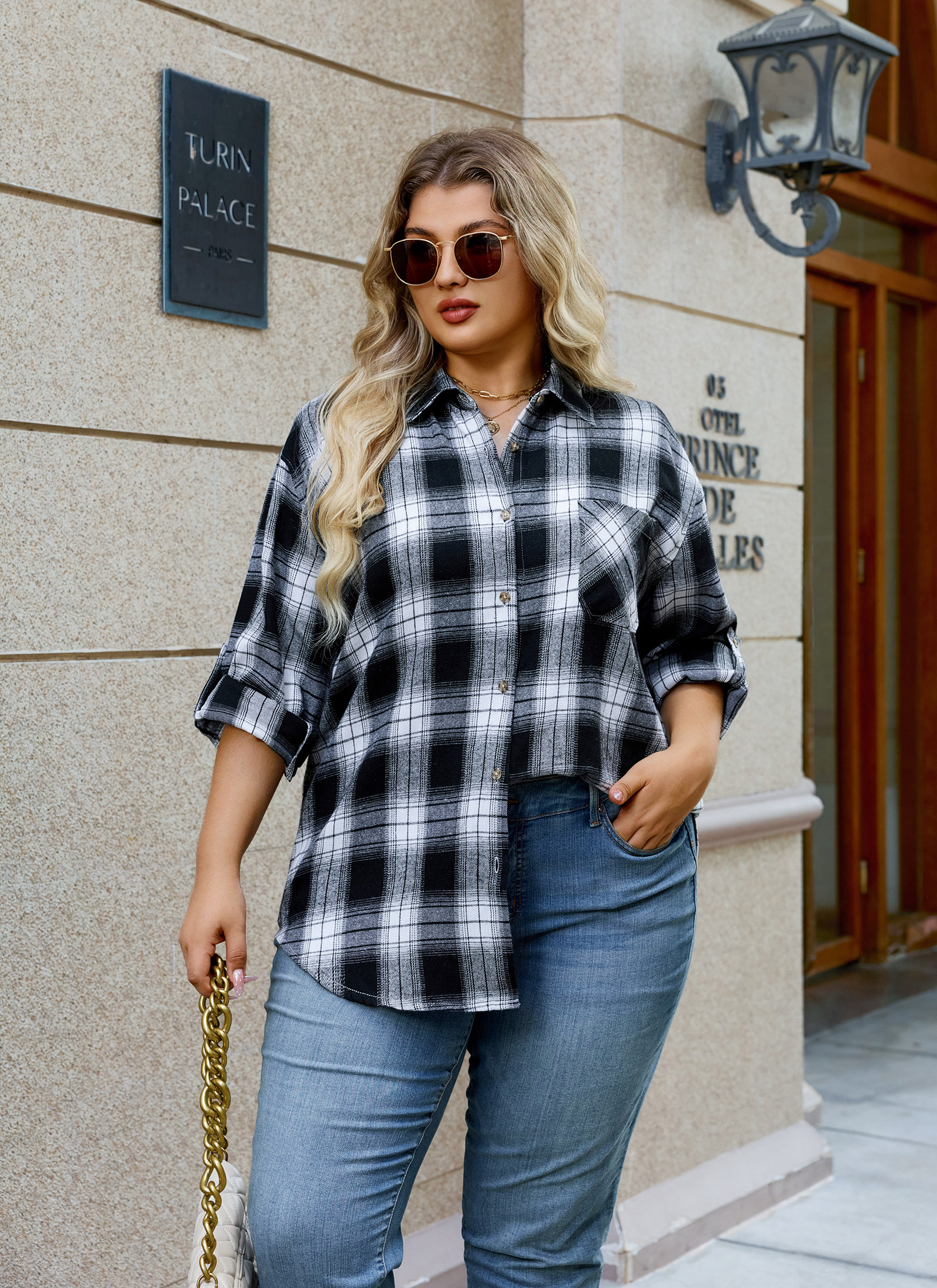 Womens Plus Size Flannel Shirts Long Sleeve Button Down Plaid Shirt Roll Up Oversize Checkered Blouse Top Fall B-01 Black White Plaid Shirt - splensive