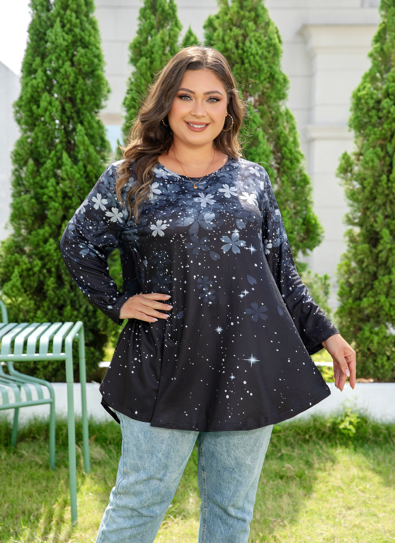 Womens Tunic 3/4 Sleeve Plus Size Tops Crew Neck Swing Flowy Loose Fit T-Shirt Blouses to Wear with Leggings - splensive