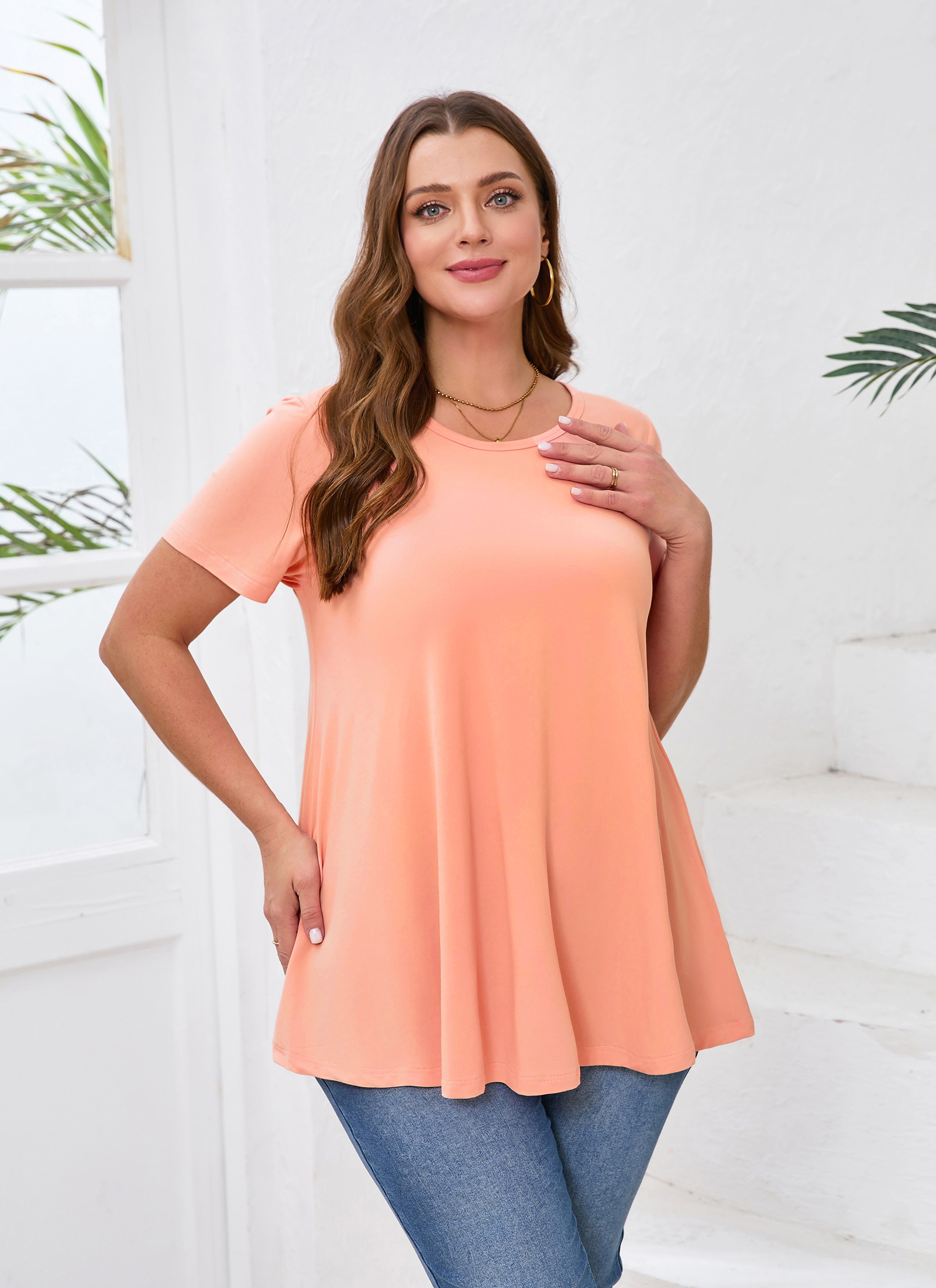 Tunic Tops for Women Plus Size Short Sleeve Crew Neck Swing Flare Loose T-Shirt Blouses to Wear with Leggings - splensive