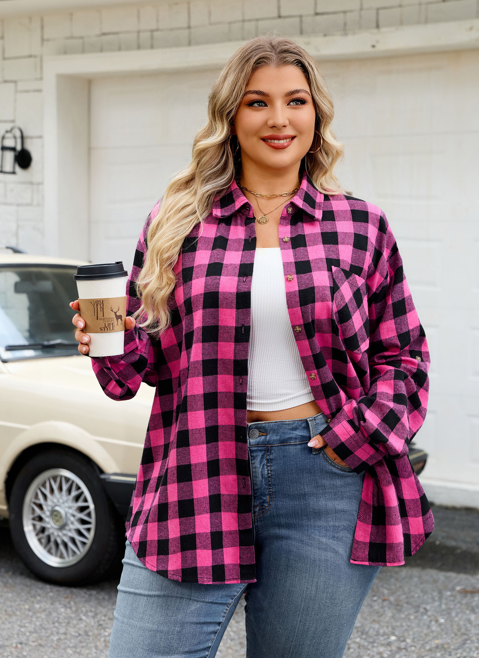 Womens Plus Size Flannel Shirts Long Sleeve Button Down Plaid Shirt Roll Up Oversize Checkered Blouse Top Fall A-03 Hot Pink Flannel Plaid Shirt - splensive