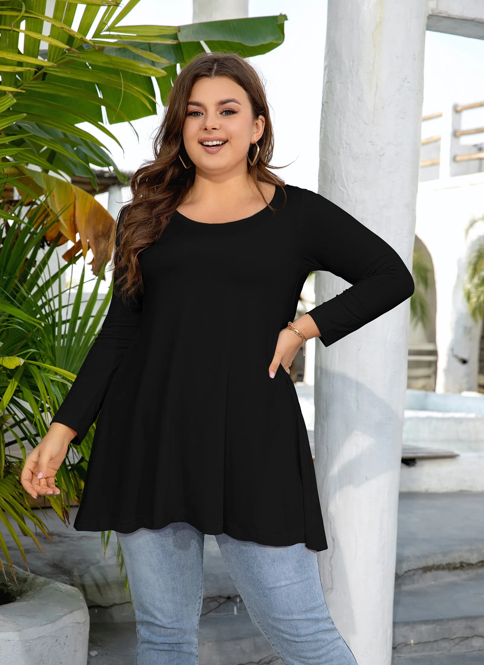 Womens Tunic Tops 3/4 Sleeve Plus Size Crew Neck Swing Flare Loose Fit T-Shirt Blouses to Wear with Leggings - splensive