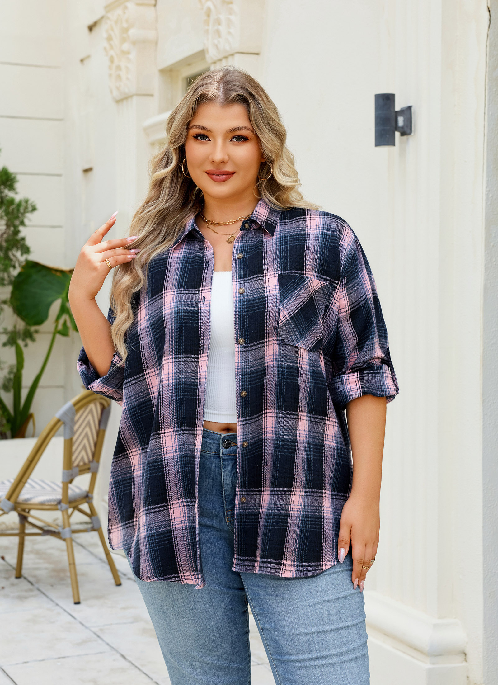 Womens Plus Size Flannel Shirts Long Sleeve Button Down Plaid Shirt Roll Up Oversize Checkered Blouse Top Fall A-01 Pink Flannel Plaid Shirt - splensive